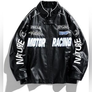 New Black Faux Leather Motorcycle Jacket Y2k Racing Jacket, Size Medium